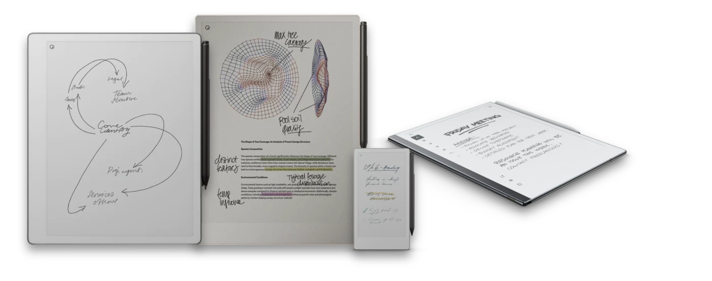 The full reMarkable lineup: reMarkable 2, Pure, Paper Pro, and Paper Pro Move