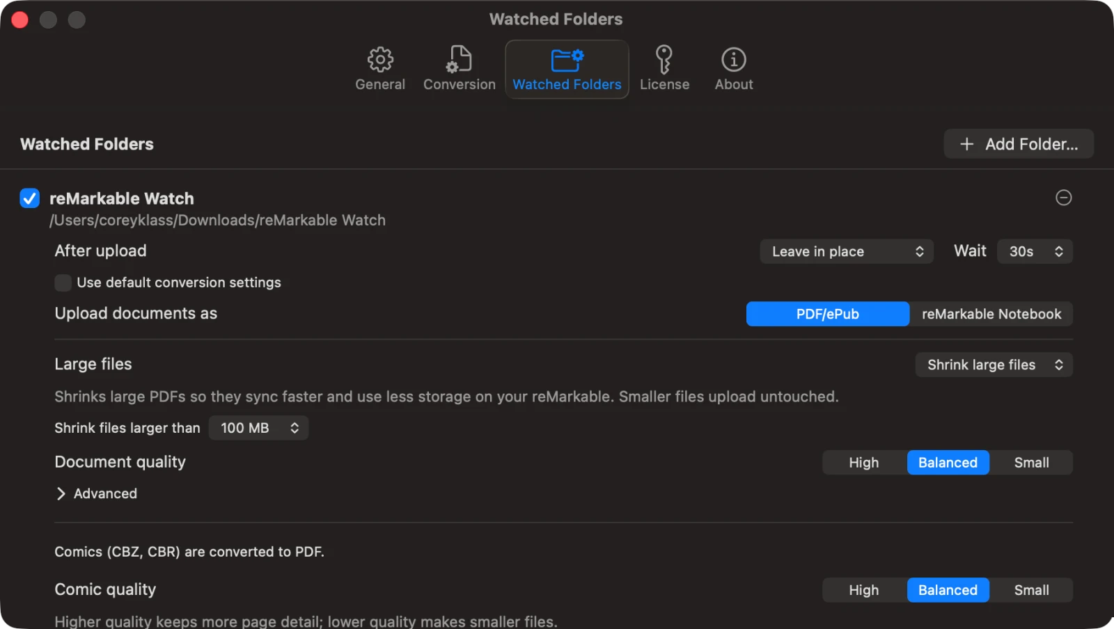 Klass-RM Uploader Watched Folders settings