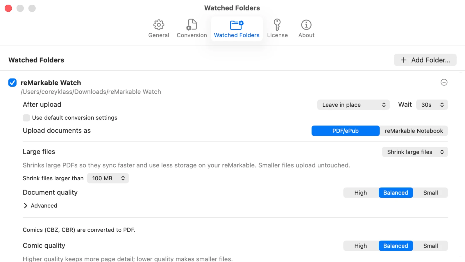 Klass-RM Uploader Watched Folders settings