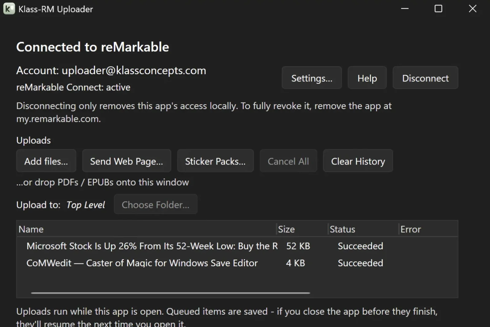 Klass-RM Uploader app screenshot on Windows