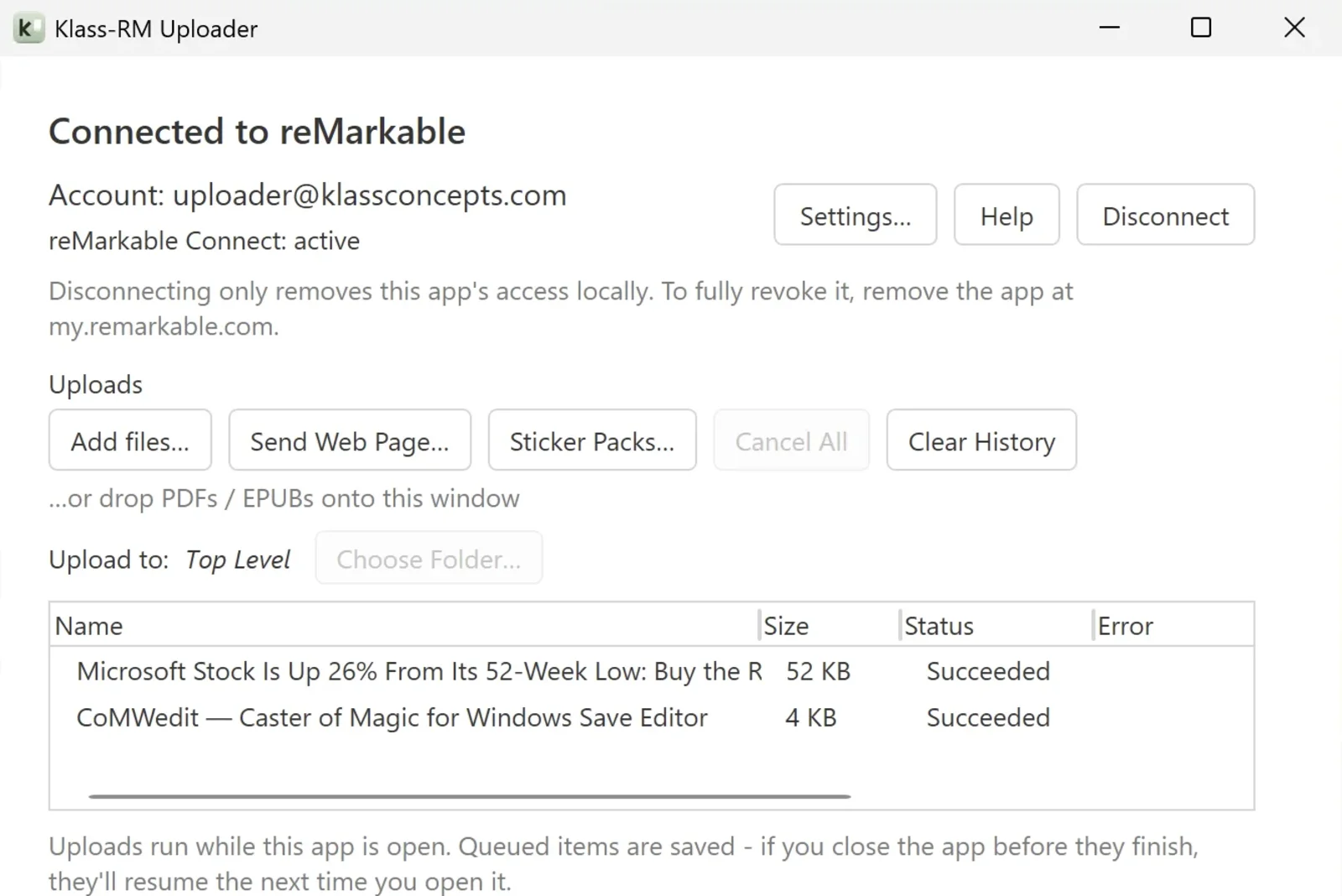 Klass-RM Uploader app screenshot on Windows