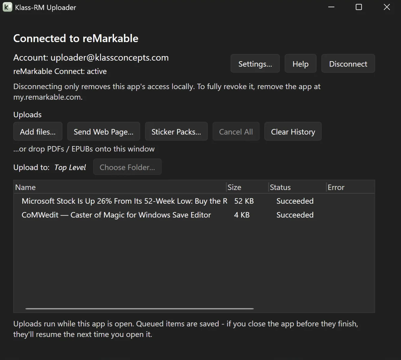 Klass-RM Uploader app window on Windows