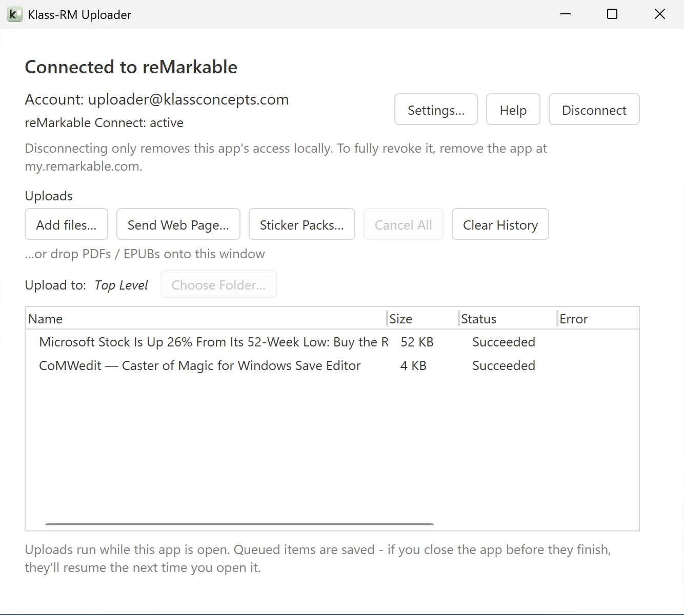 Klass-RM Uploader app window on Windows