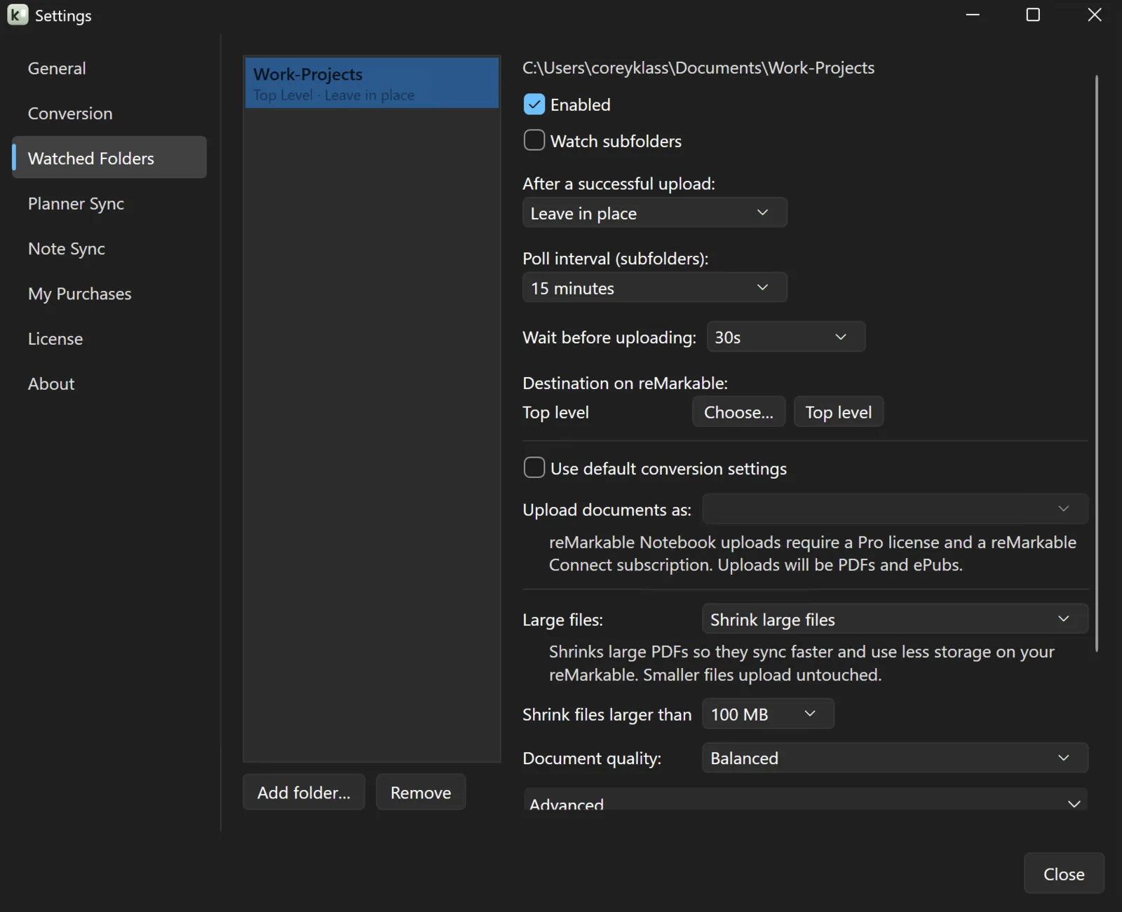Klass-RM Uploader Watched Folders settings on Windows