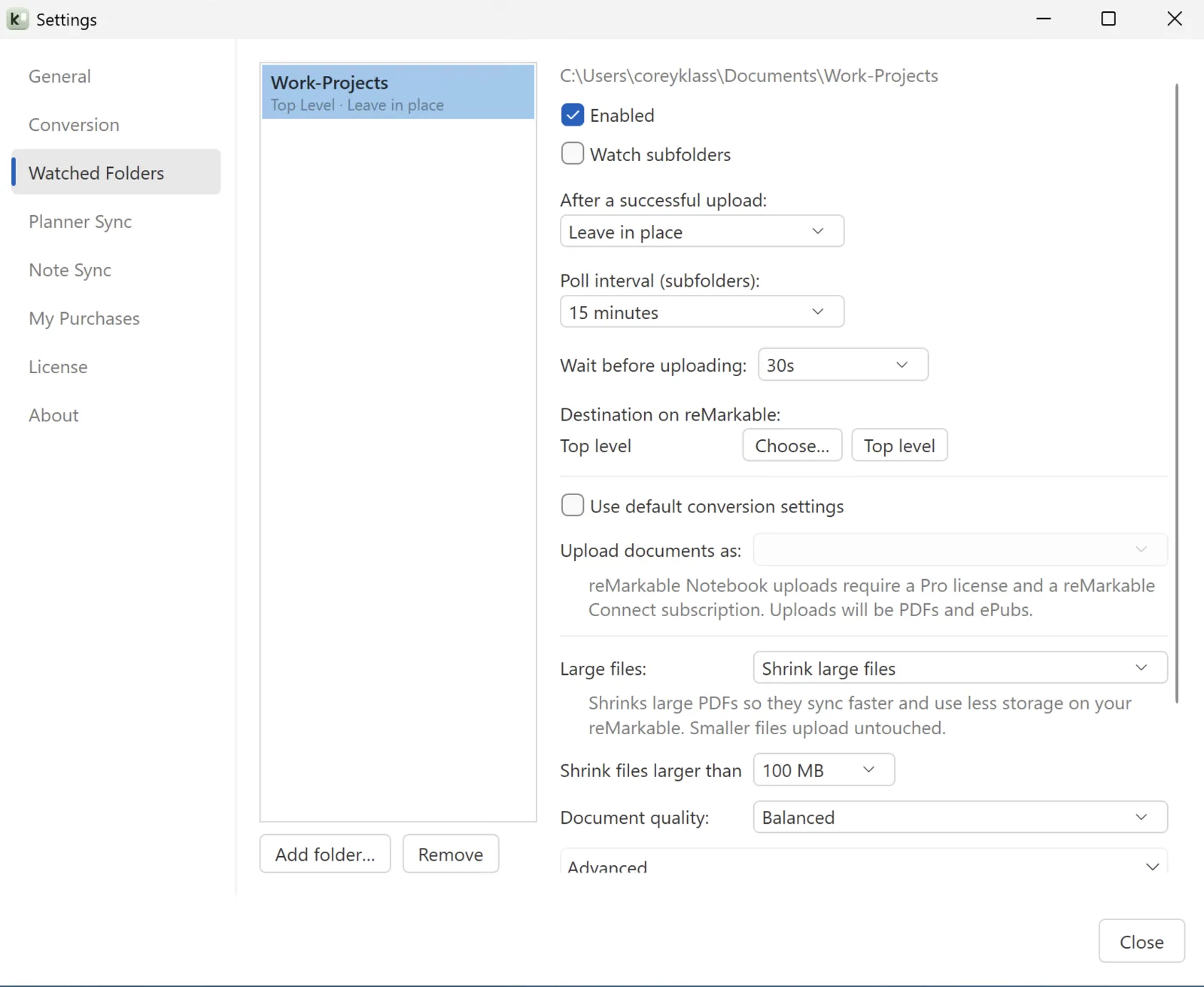 Klass-RM Uploader Watched Folders settings on Windows