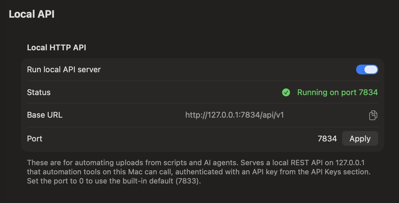 Klass-RM Uploader Local API settings on Mac