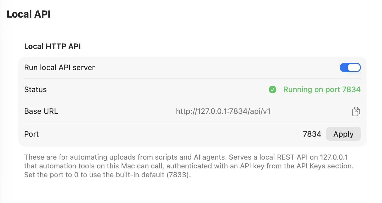 Klass-RM Uploader Local API settings on Mac