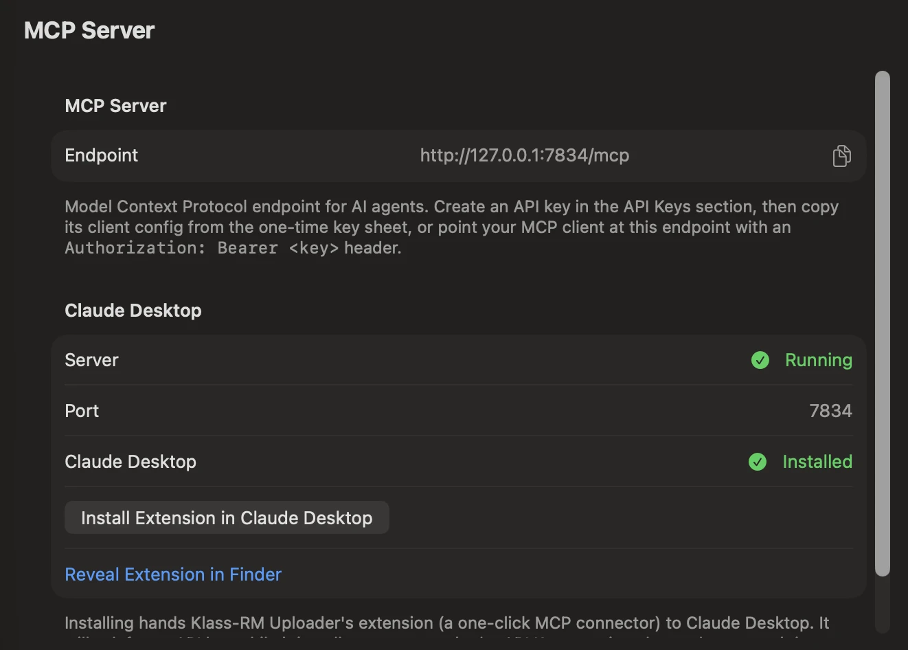 Klass-RM Uploader MCP Server and Claude Desktop settings on Mac