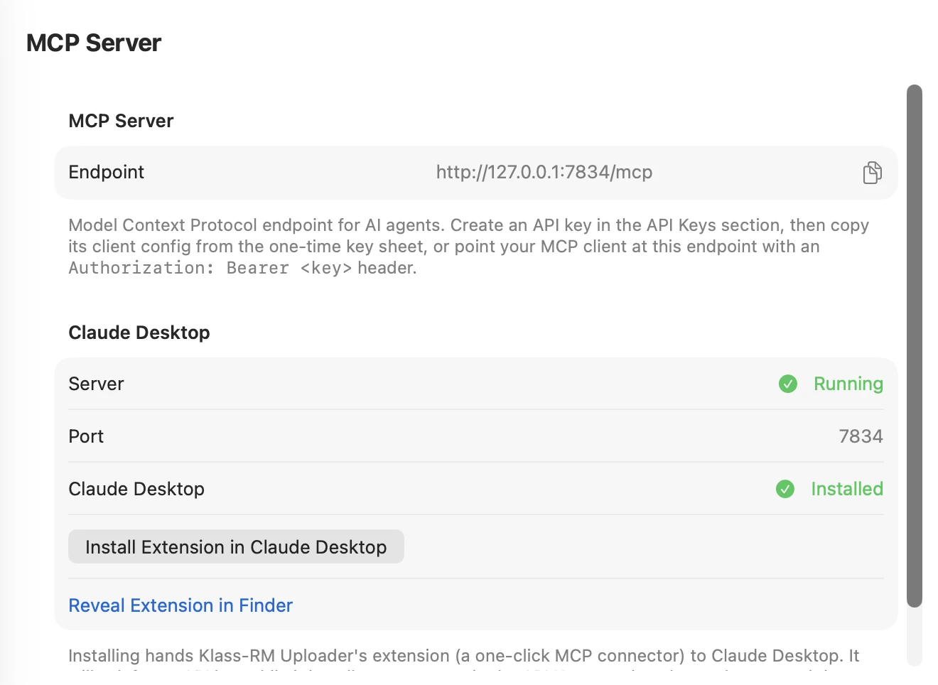 Klass-RM Uploader MCP Server and Claude Desktop settings on Mac