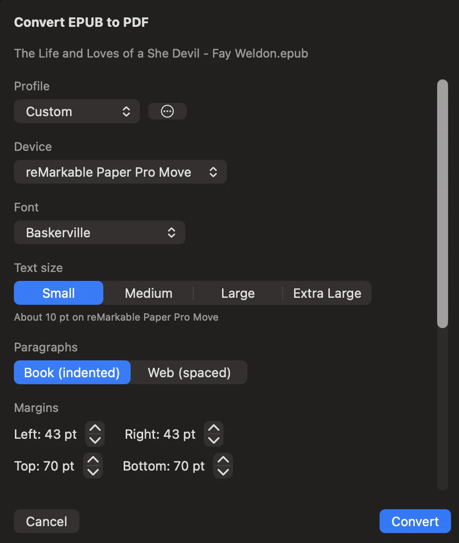 Klass-RM Uploader Convert EPUB to PDF dialog on Mac