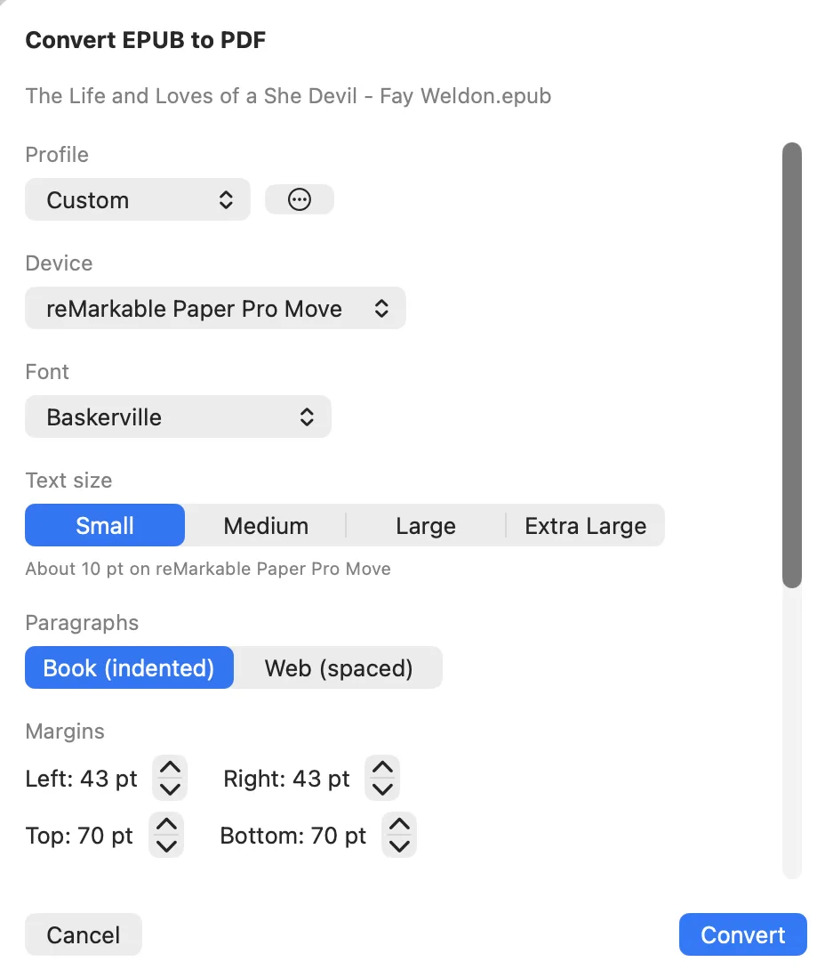 Klass-RM Uploader Convert EPUB to PDF dialog on Mac