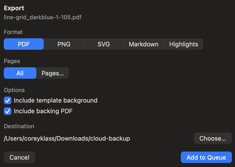 Klass-RM Uploader Export dialog on Mac