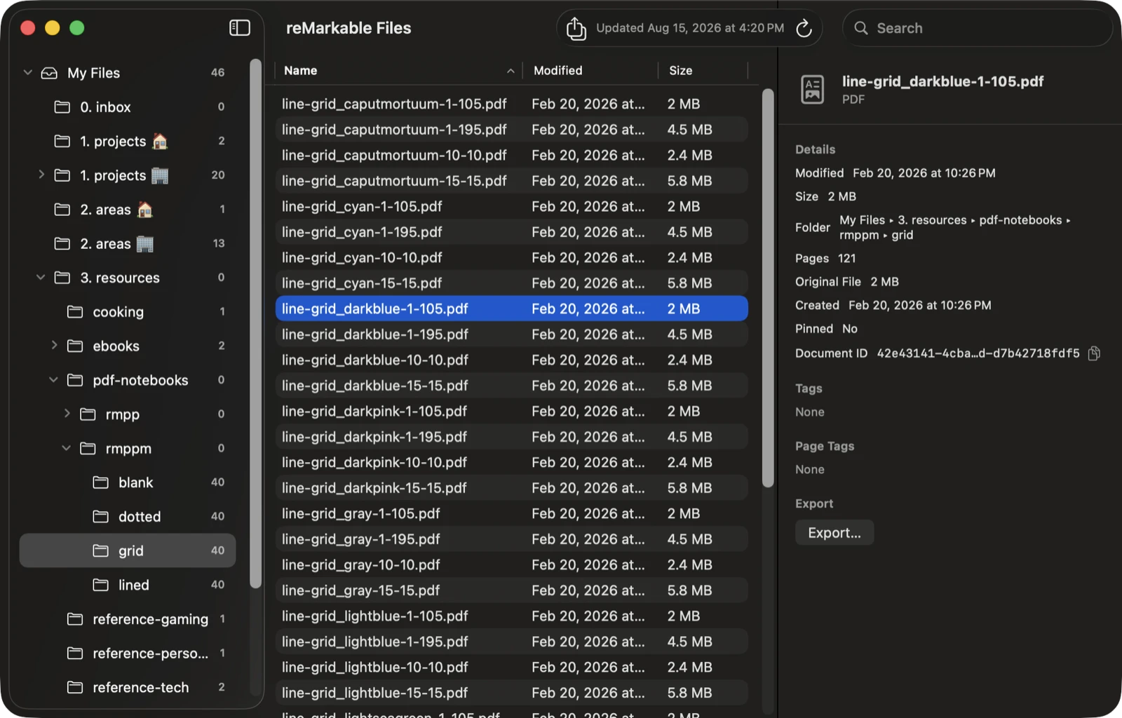 Klass-RM Uploader reMarkable Files browser window on Mac