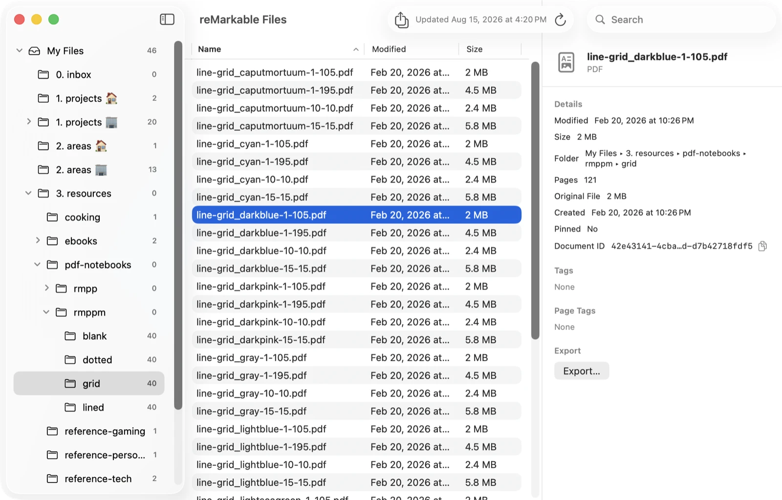 Klass-RM Uploader reMarkable Files browser window on Mac