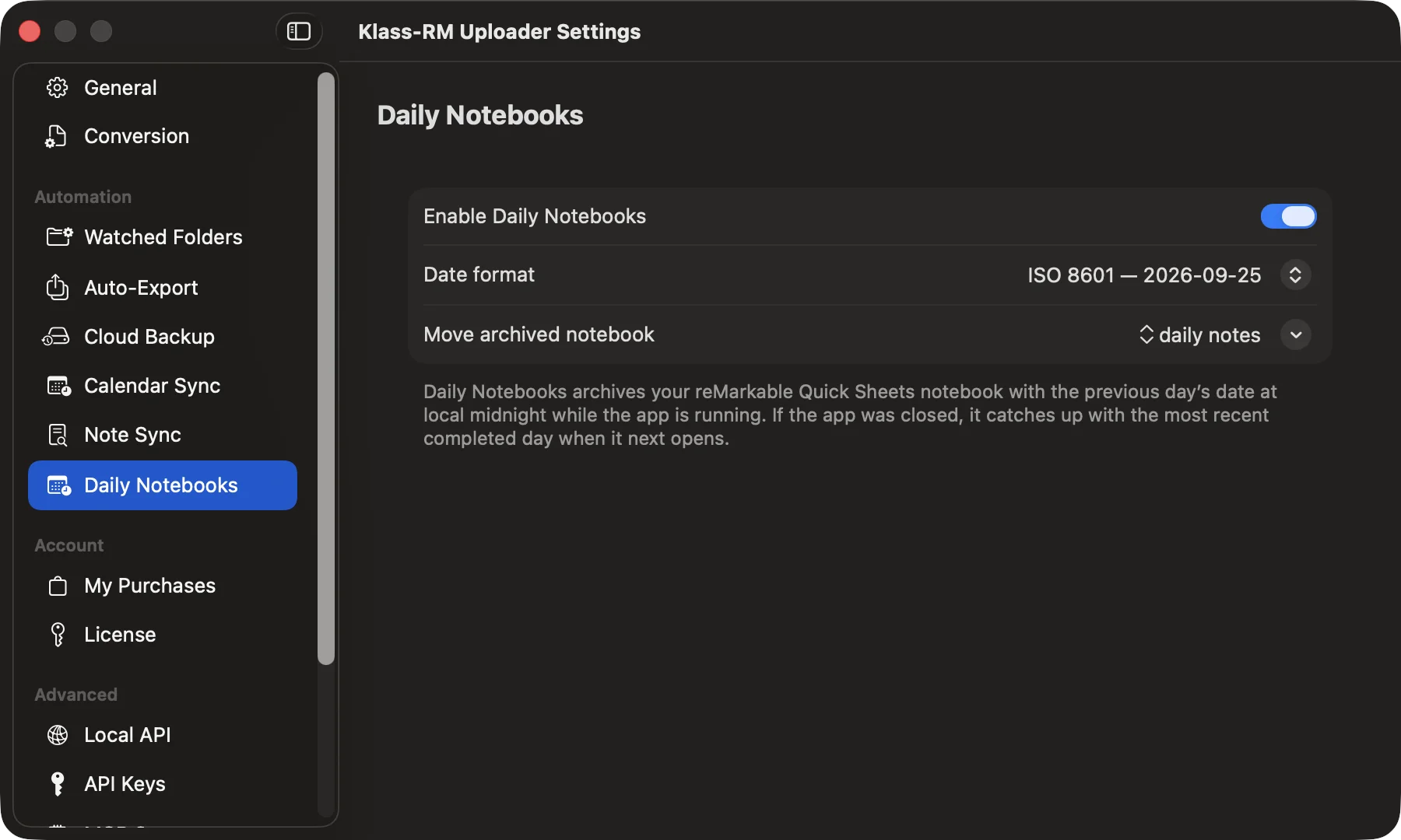 Klass-RM Uploader Daily Notebooks settings on Mac, with the date format and destination folder options