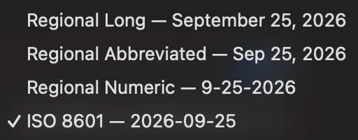 Daily Notebooks date format menu: Regional Long, Regional Abbreviated, Regional Numeric, and ISO 8601