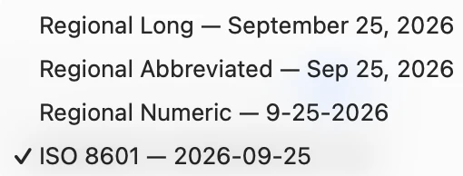 Daily Notebooks date format menu: Regional Long, Regional Abbreviated, Regional Numeric, and ISO 8601