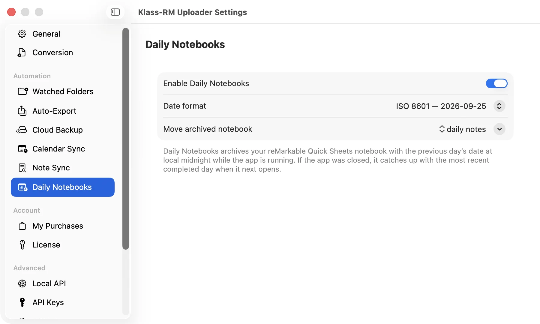 Klass-RM Uploader Daily Notebooks settings on Mac, with the date format and destination folder options