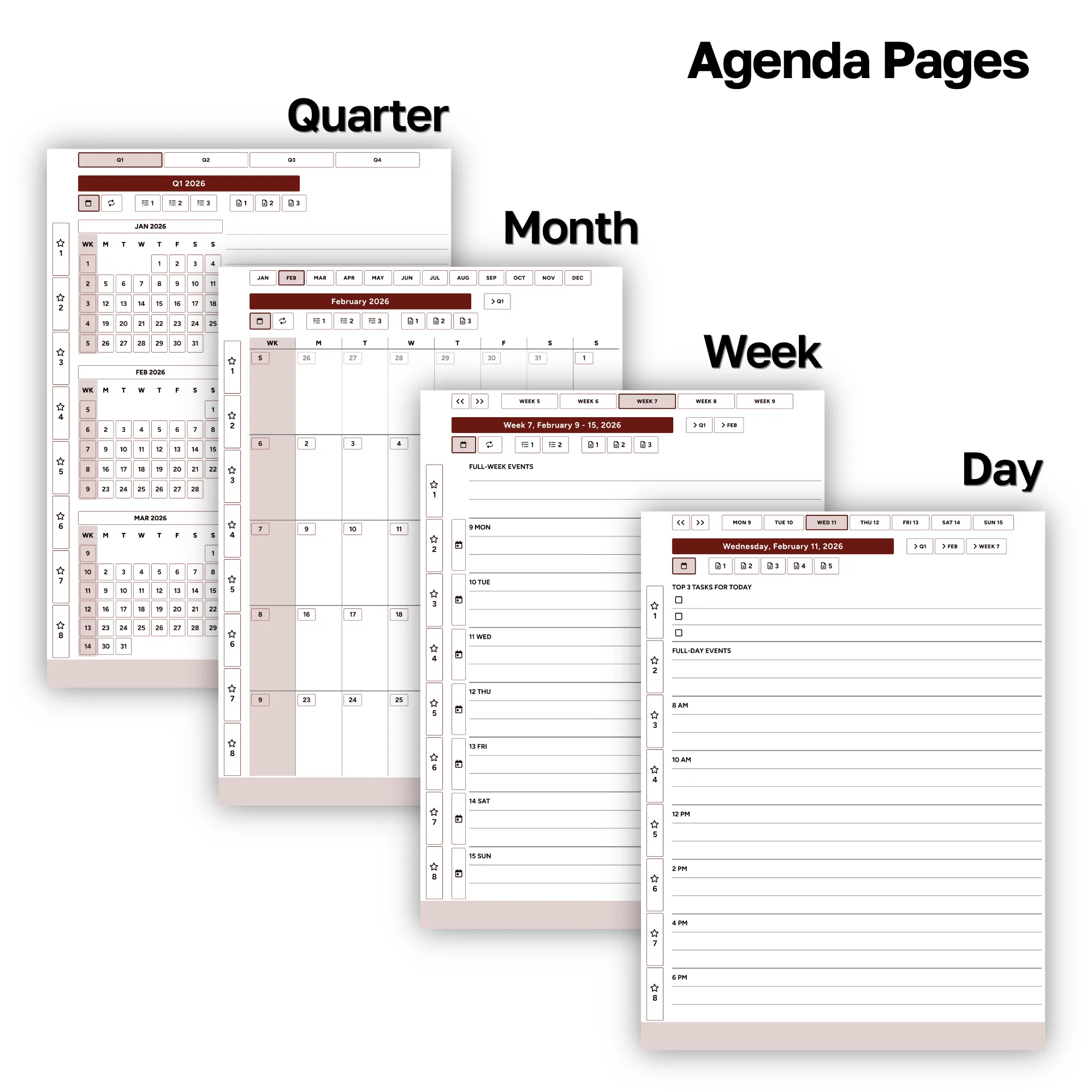 Quarter, Month, Week, and Day Agendas