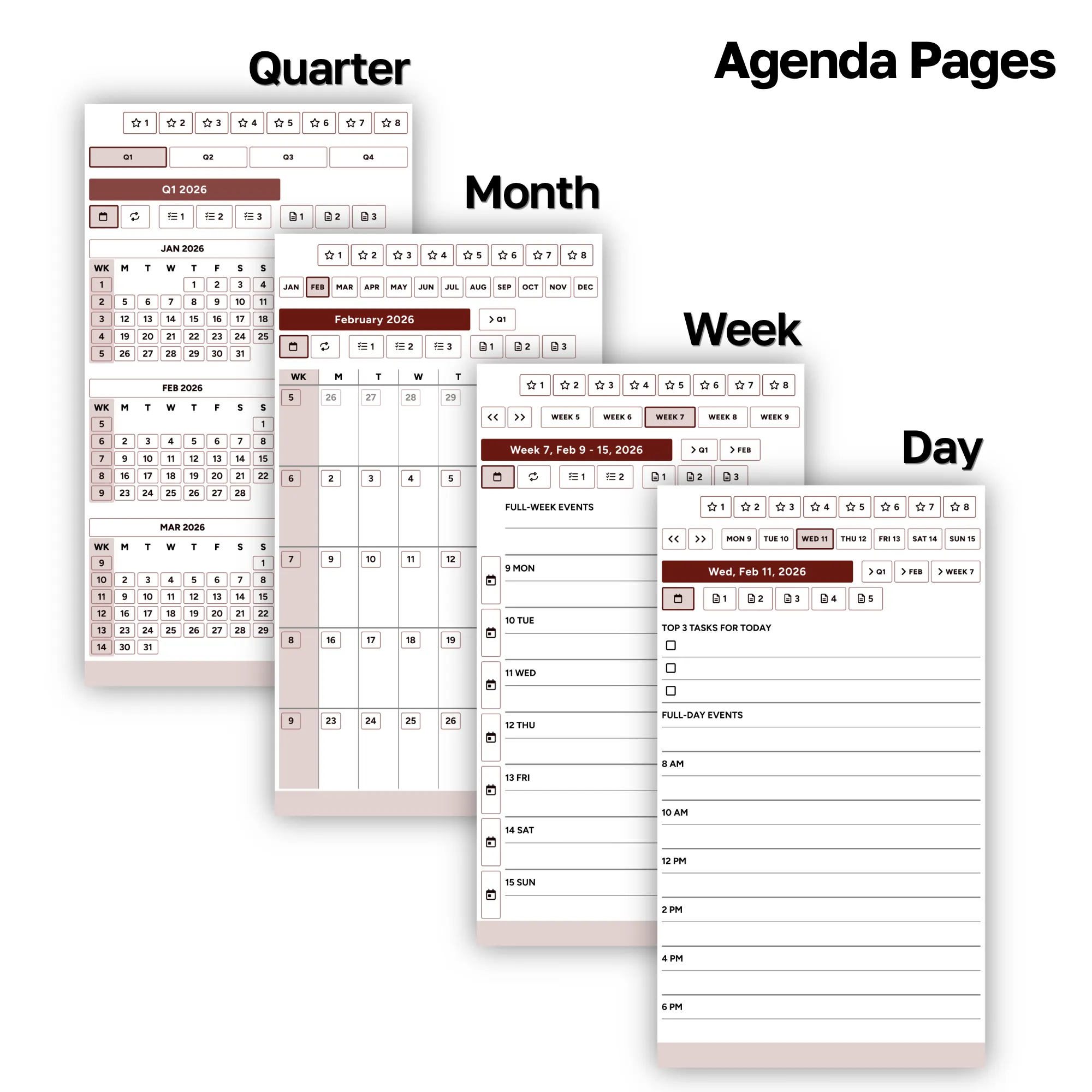 Quarter, Month, Week, and Day Agendas