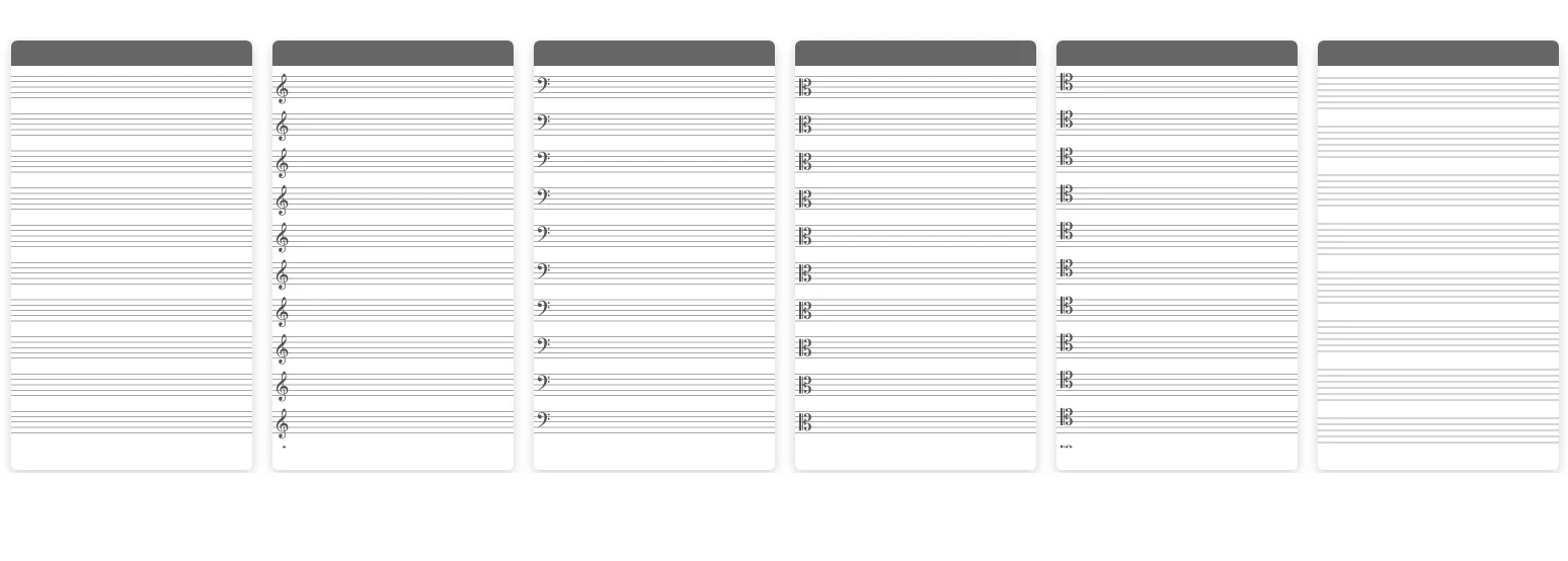 Music paper styles: staff, treble, bass, alto, and tenor clef, and guitar tab