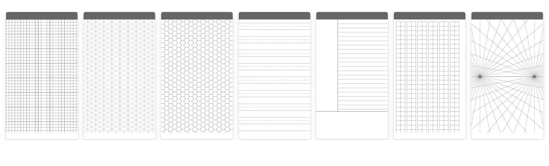 Specialty paper styles: graph, isometric, hexagon, handwriting, Cornell, Genko Yoshi, and perspective